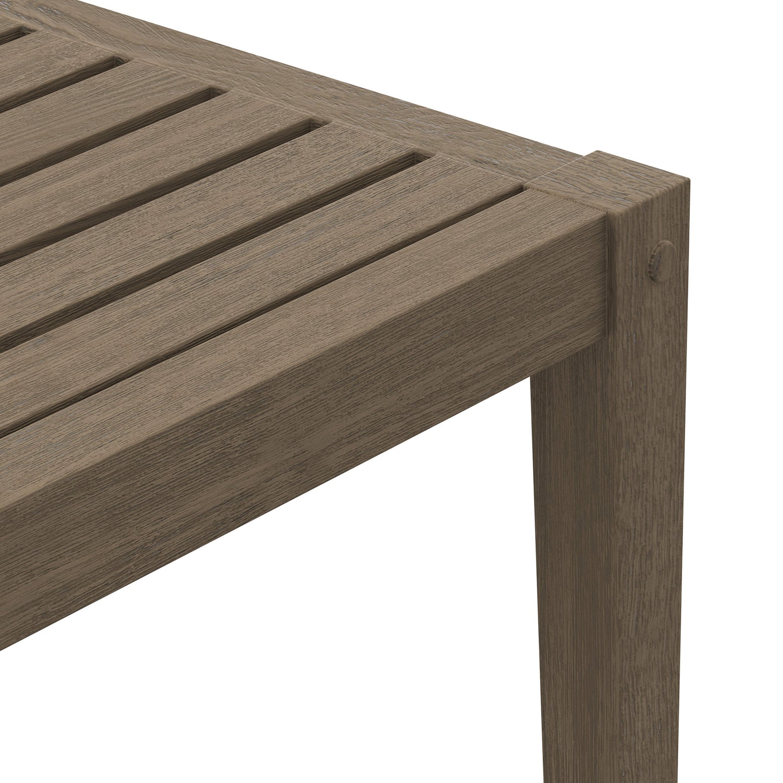 Close view of the table corner showing tapered teak legs and precise joinery in a weathered gray finish. || EEI-7258-WGR || leg_studio