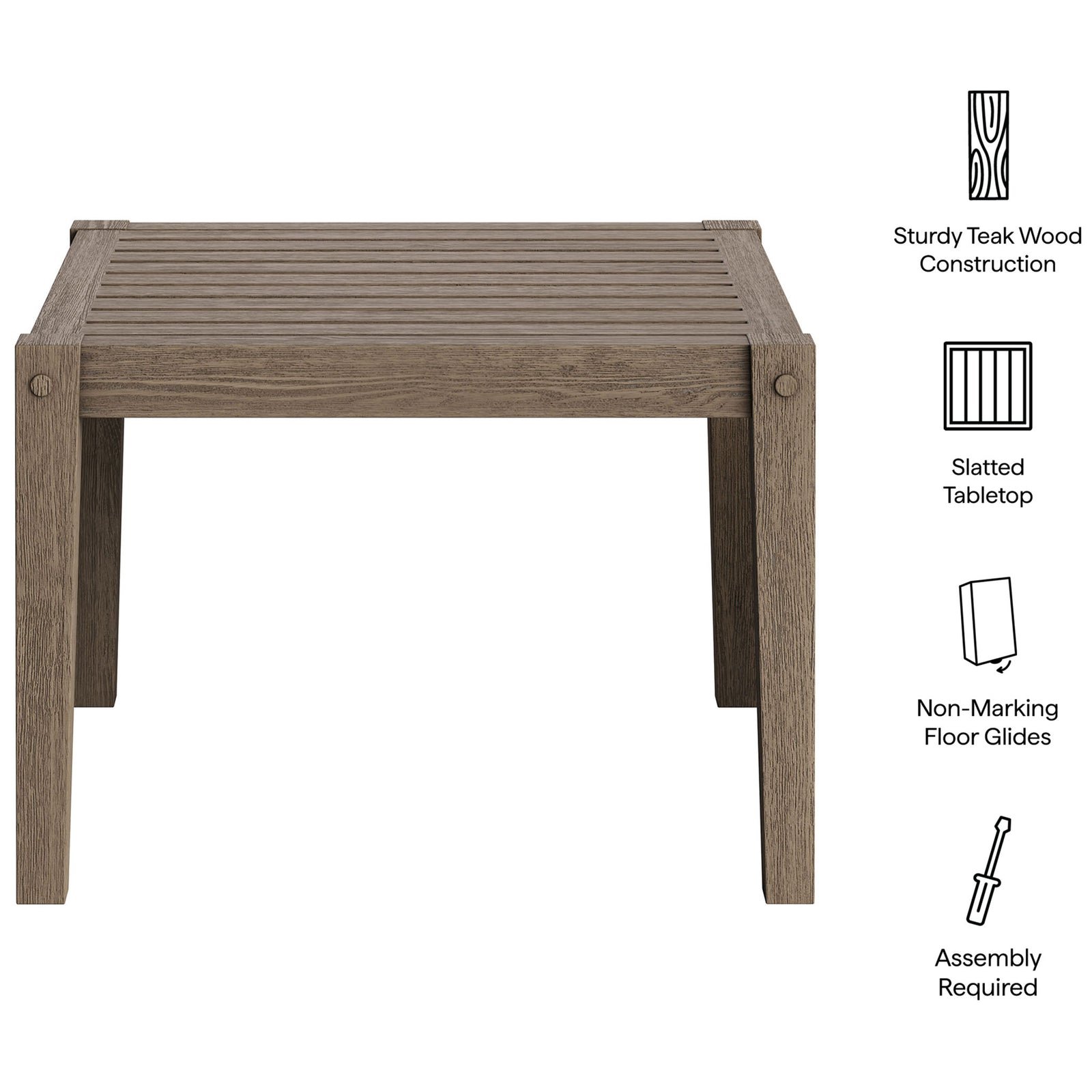 Feature graphic highlighting sturdy teak construction, slatted tabletop, and non-marking glides for this side table. || EEI-7258-WGR || callout_studio