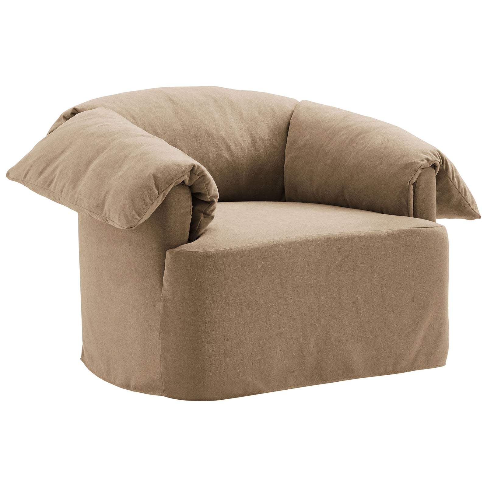 Inviting barrel-back armchair in linen-blend upholstery with pillow-wrapped arms for sink-in comfort. || EEI-7259-ALM || front_angle_studio