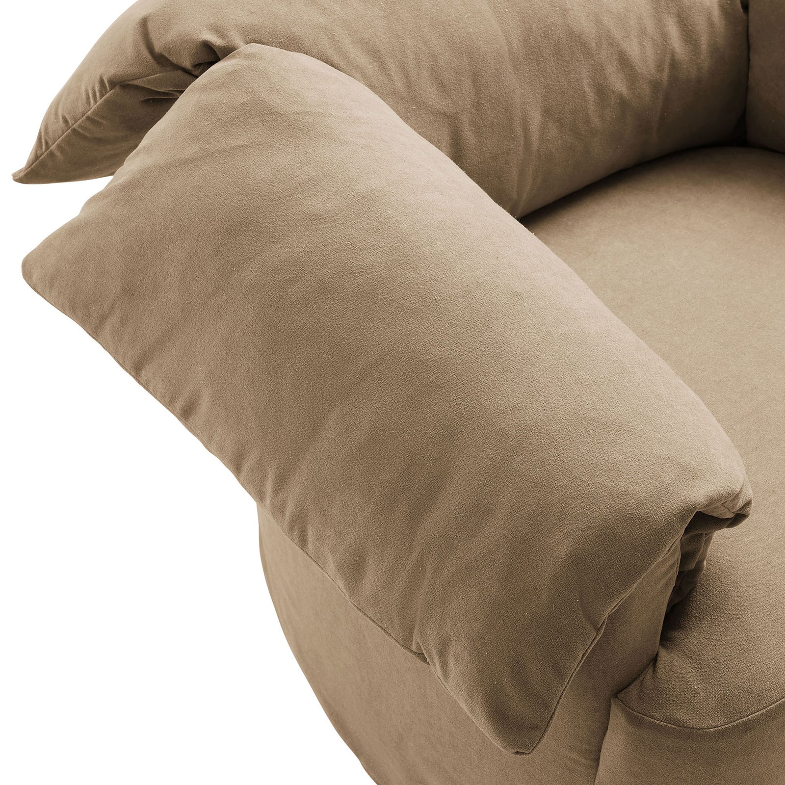 Pillow-wrapped arm with soft linen-blend upholstery and relaxed, cushioned edge. || EEI-7259-ALM || detail_studio