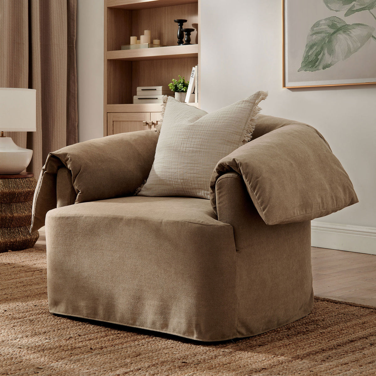 Cozy, oversized armchair adds warm texture and sink-in comfort to your living space. || EEI-7259-ALM || front_angle_room