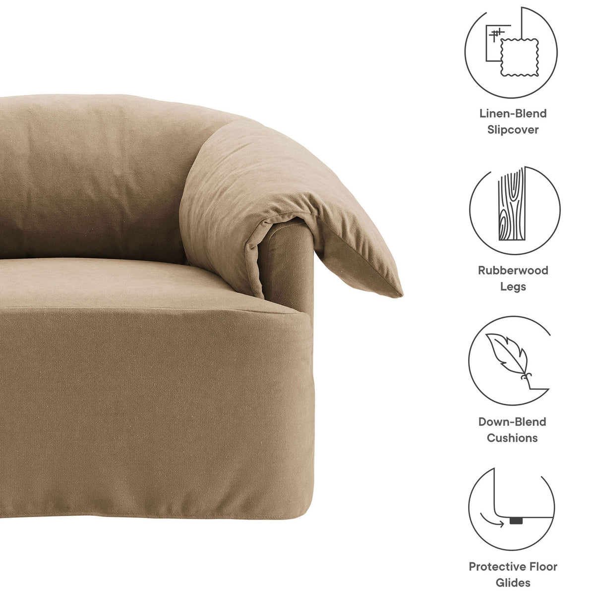 Linen-blend slipcover, down-blend cushions, and protective glides highlight thoughtful comfort. || EEI-7259-ALM || callout_studio