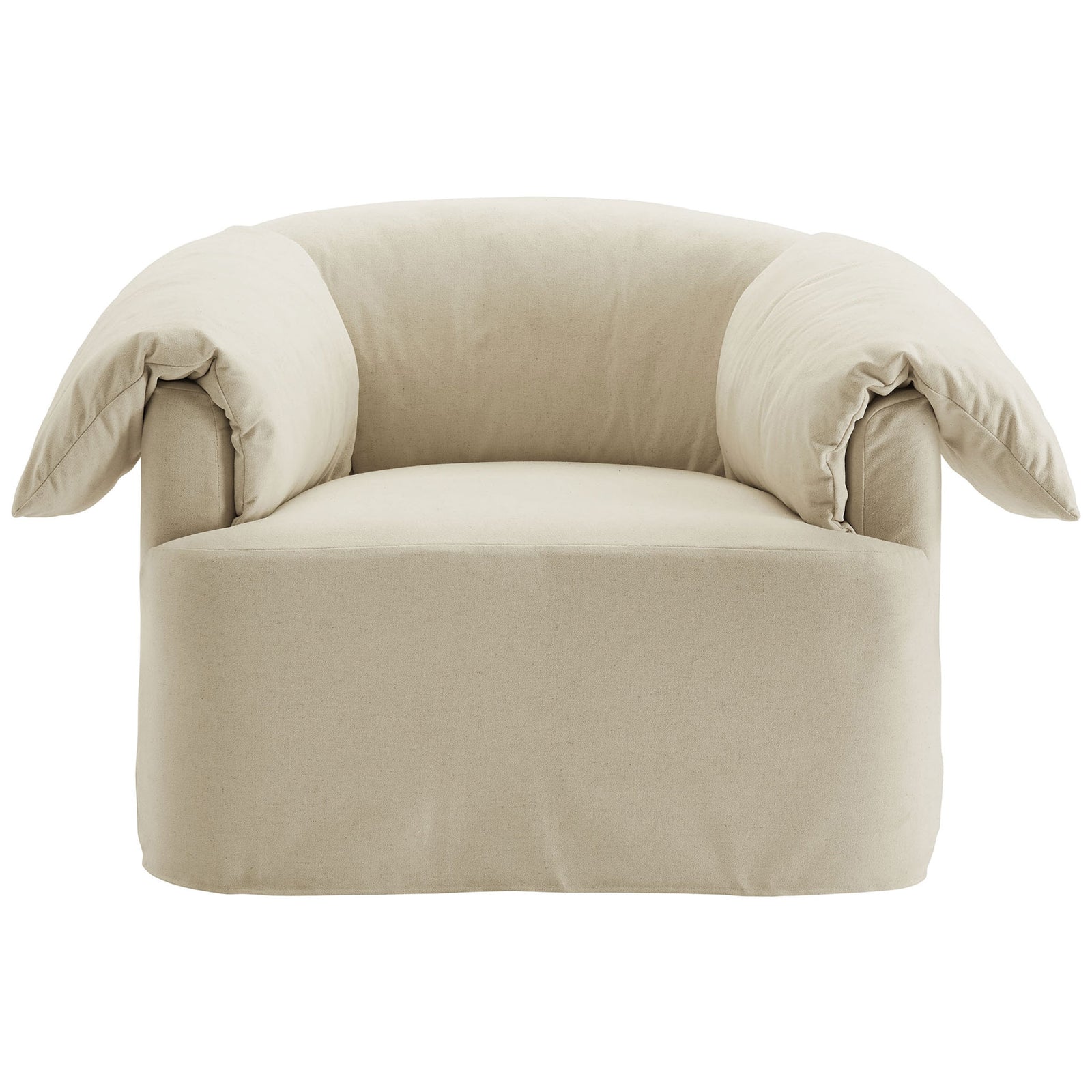 Oversized slipcovered armchair with plush down-blend cushions and softly sloped arms in linen fabric || EEI-7259-LIN || front_studio