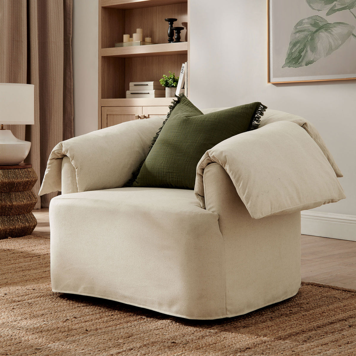 Plush slipcovered armchair with soft curves and relaxed, sink-in comfort || EEI-7259-LIN || front_angle_room