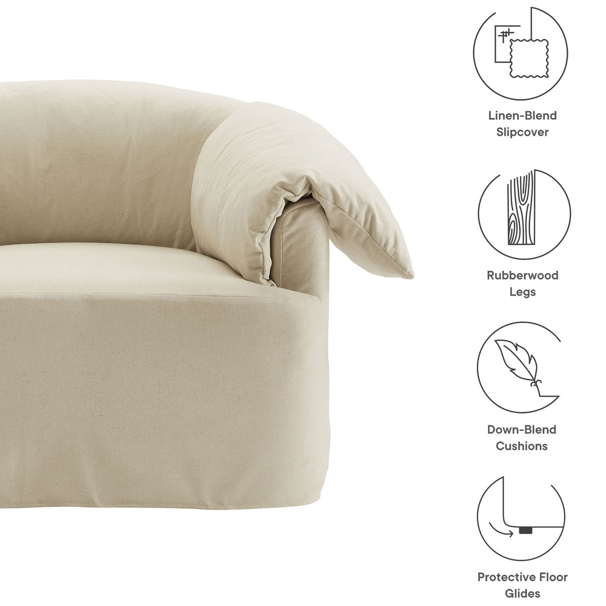 Linen-blend slipcover, rubberwood legs, down-blend cushions, and protective floor glides || EEI-7259-LIN || callout_studio