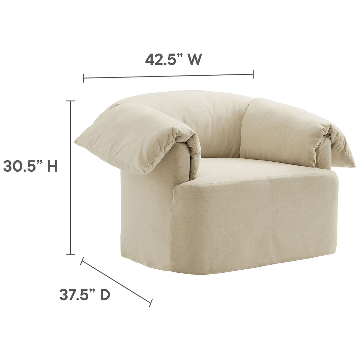 Generous proportions with 42.5 in width, 37.5 in depth, and 30.5 in height for lounge-worthy comfort || EEI-7259-LIN || dimension_studio