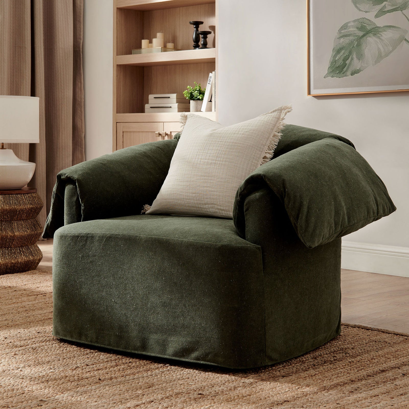 Inviting sage armchair brings relaxed modern comfort with its oversized cushions and tailored slipcover || EEI-7259-SGE || front_angle_room