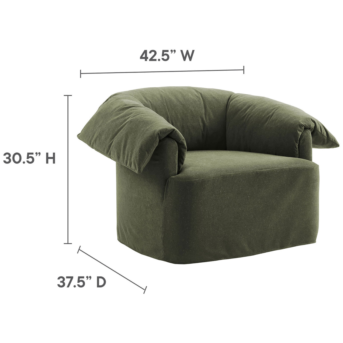 Measures 42.5 in W x 37.5 in D x 30.5 in H for a generously scaled lounge chair || EEI-7259-SGE || dimension_studio