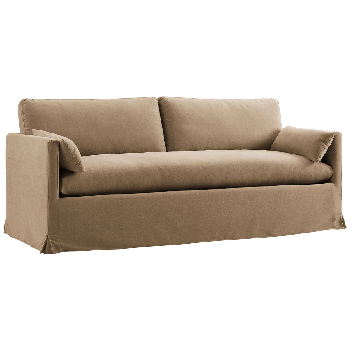 Spacious almond sofa with relaxed slipcover, French piping, and low track arms for modern comfort. || EEI-7260-ALM || front_angle_studio