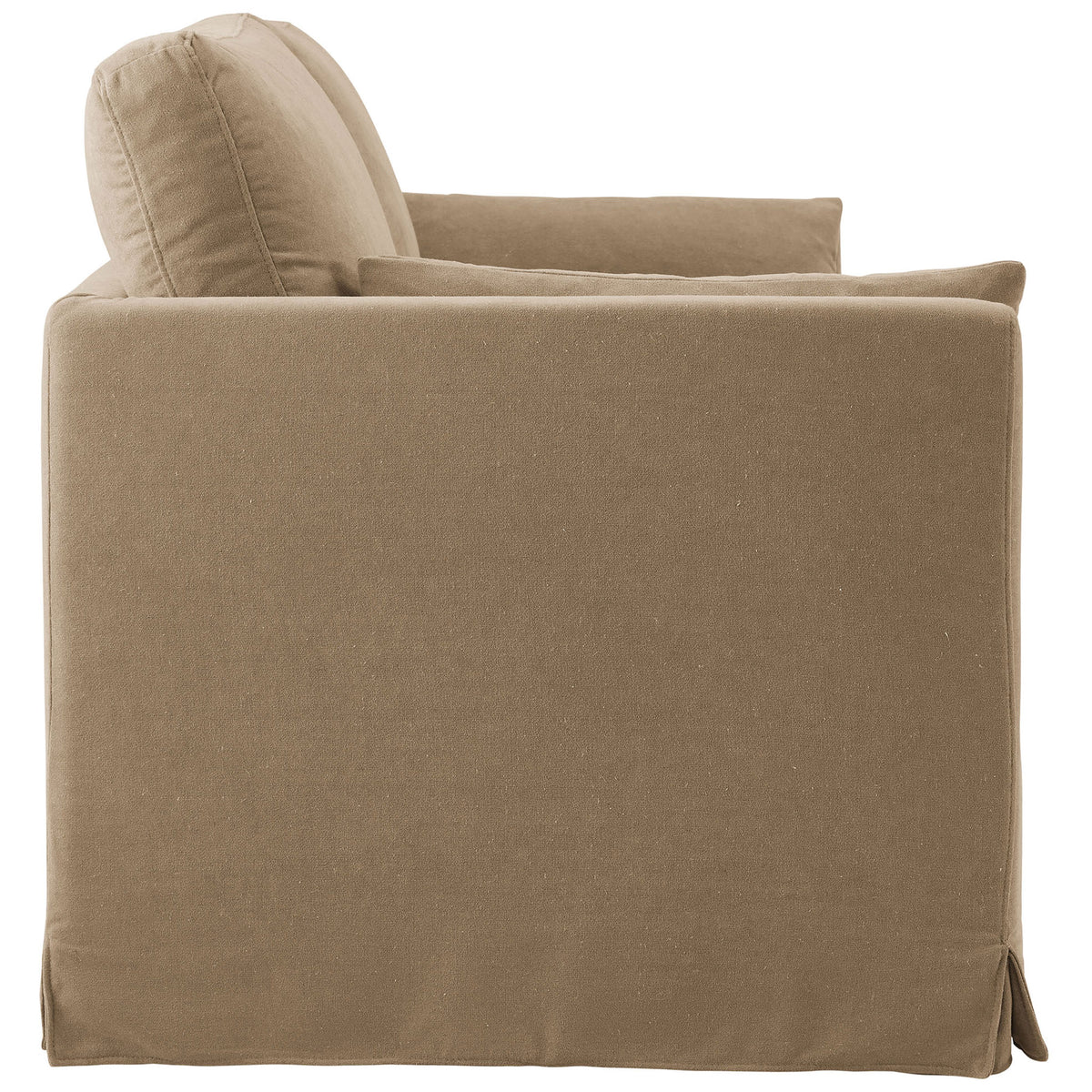 Tailored slipcovered sofa showcasing slim track arm, plush back cushion, and crisp corner pleat detail. || EEI-7260-ALM || side_studio