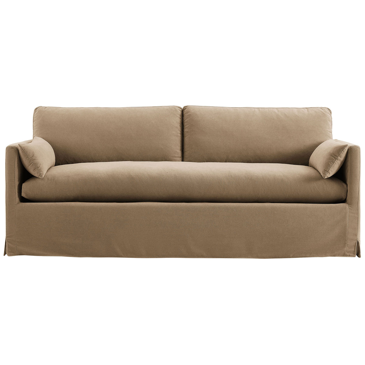 Almond slipcovered sofa with deep bench seat, plush back cushions, and two matching throw pillows. || EEI-7260-ALM || front_studio