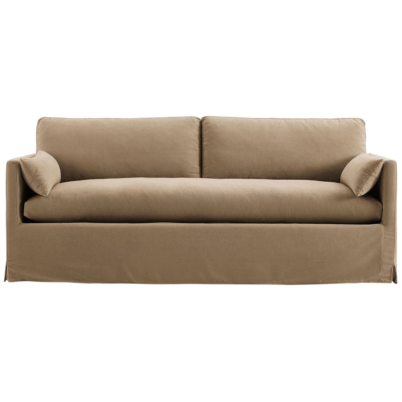 Almond slipcovered sofa with deep bench seat, plush back cushions, and two matching throw pillows. || EEI-7260-ALM || front_studio
