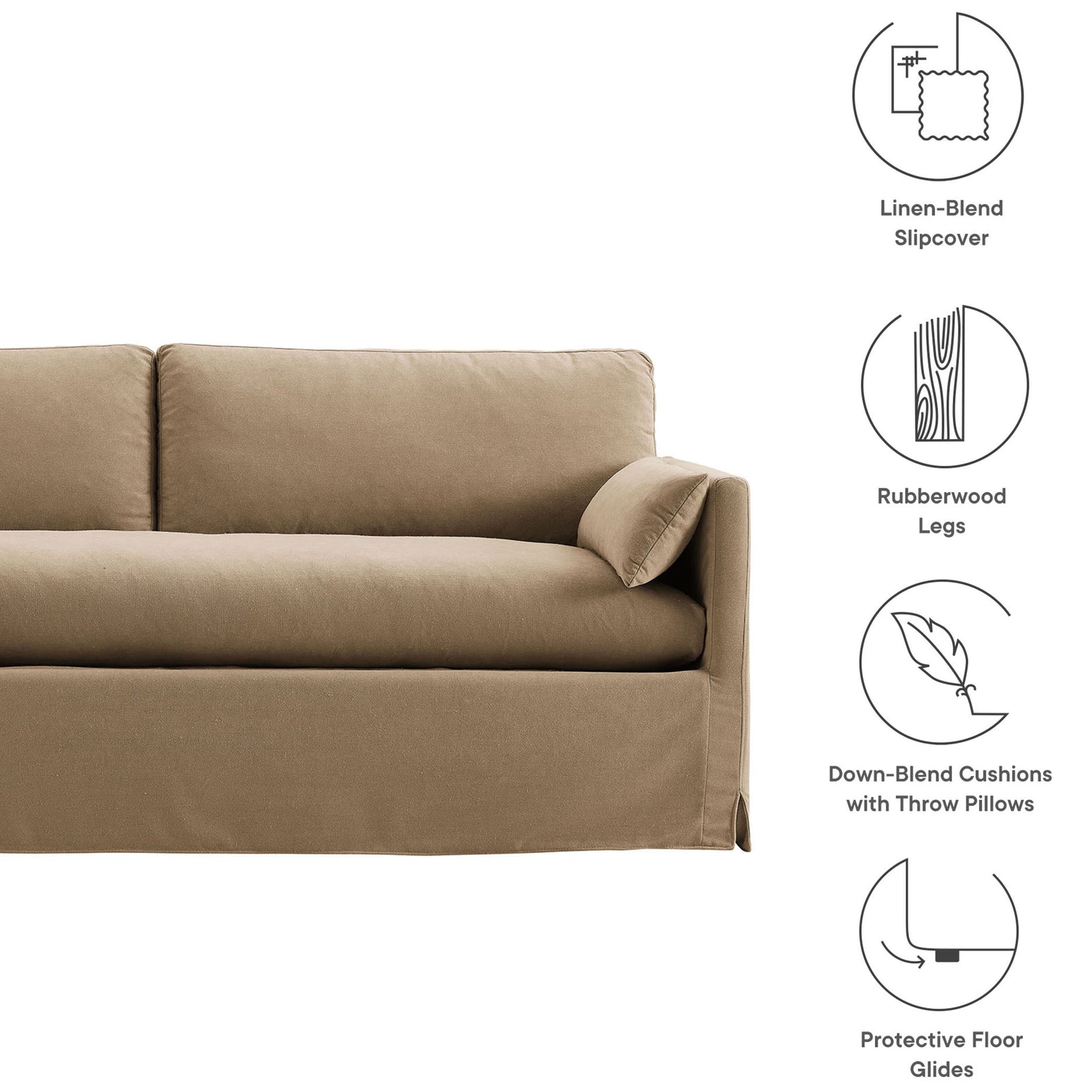 Almond slipcovered sofa with down-blend cushions, throw pillows, rubberwood legs, and protective floor glides. || EEI-7260-ALM || callout_studio