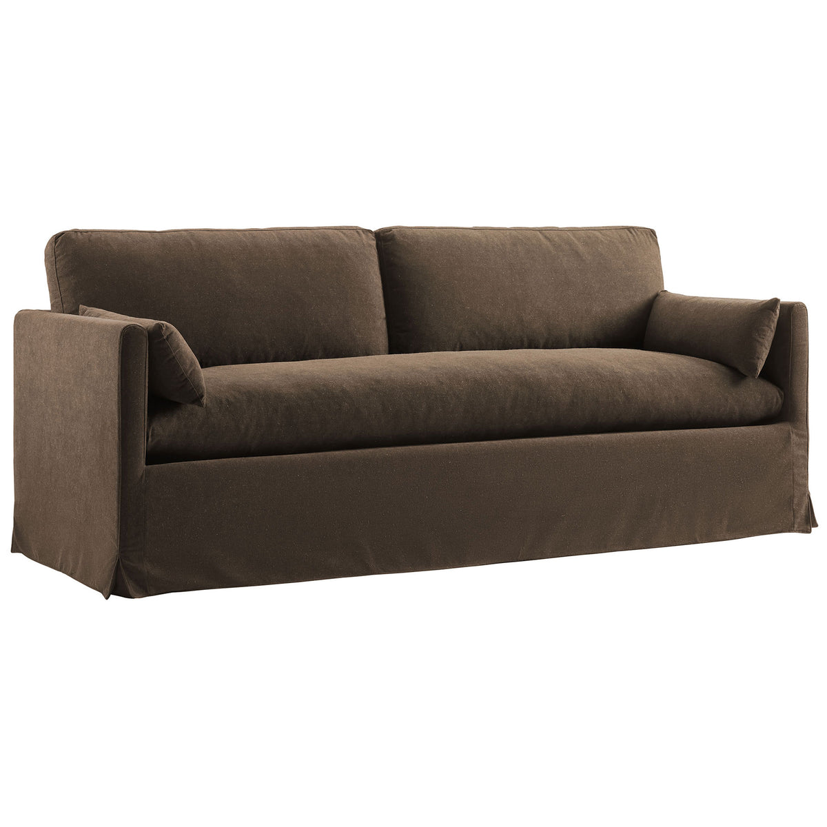 Modern cocoa slipcovered sofa with clean track arms, tailored skirt, and inviting down-blend bench seat. || EEI-7260-COA || front_angle_studio