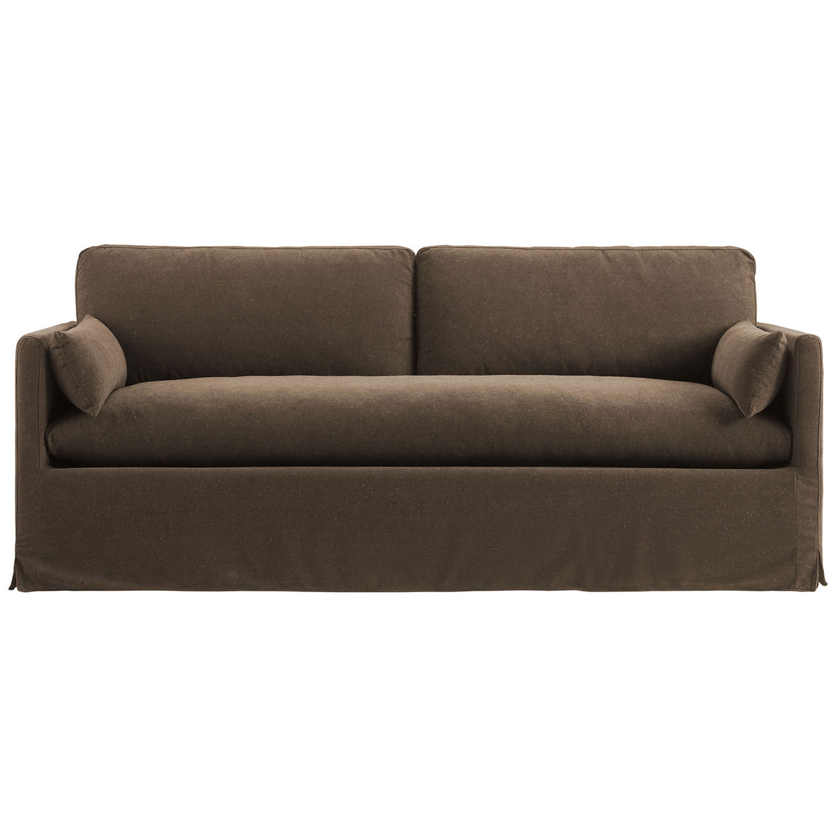 Cocoa slipcovered sofa with deep bench seat, plush back cushions, and two matching bolster pillows. || EEI-7260-COA || front_studio