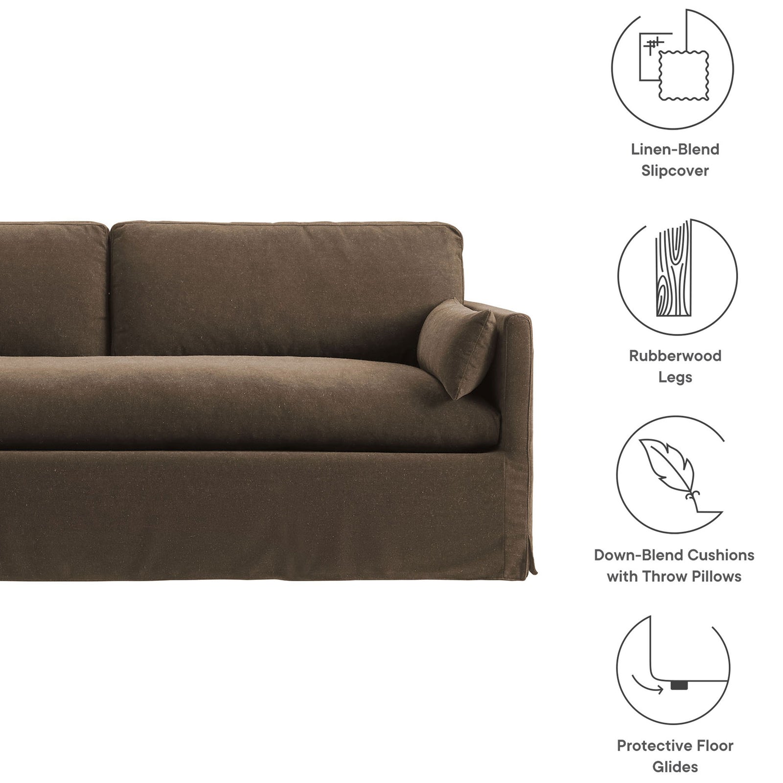 Linen-blend slipcover, down-blend cushions, rubberwood legs, and protective floor glides highlighted on the cocoa sofa. || EEI-7260-COA || callout_studio