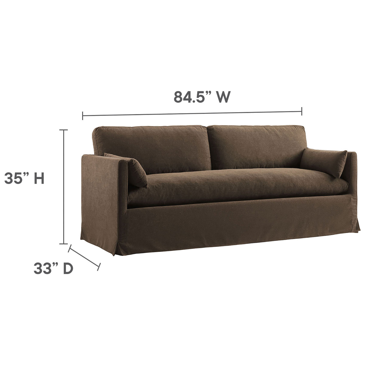 Dimension diagram of the cocoa slipcovered sofa showing its 84.5 inch width, 33 inch depth, and 35 inch height. || EEI-7260-COA || dimension_studio