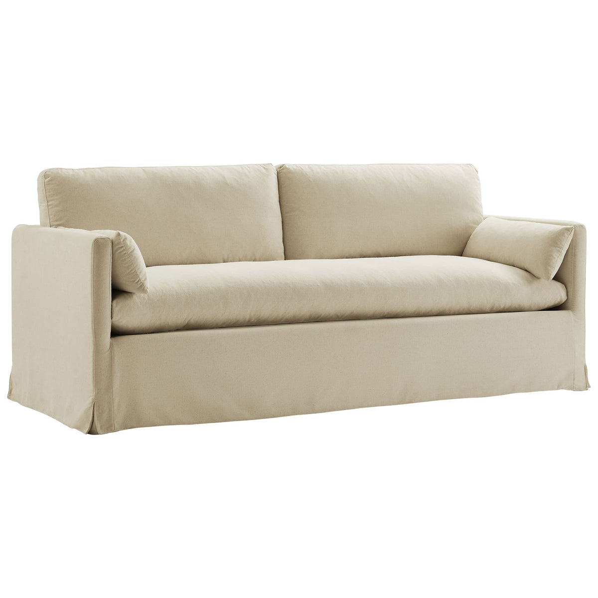 Relaxed linen slipcovered sofa with clean track arms and generous single bench cushion || EEI-7260-LIN || front_angle_studio
