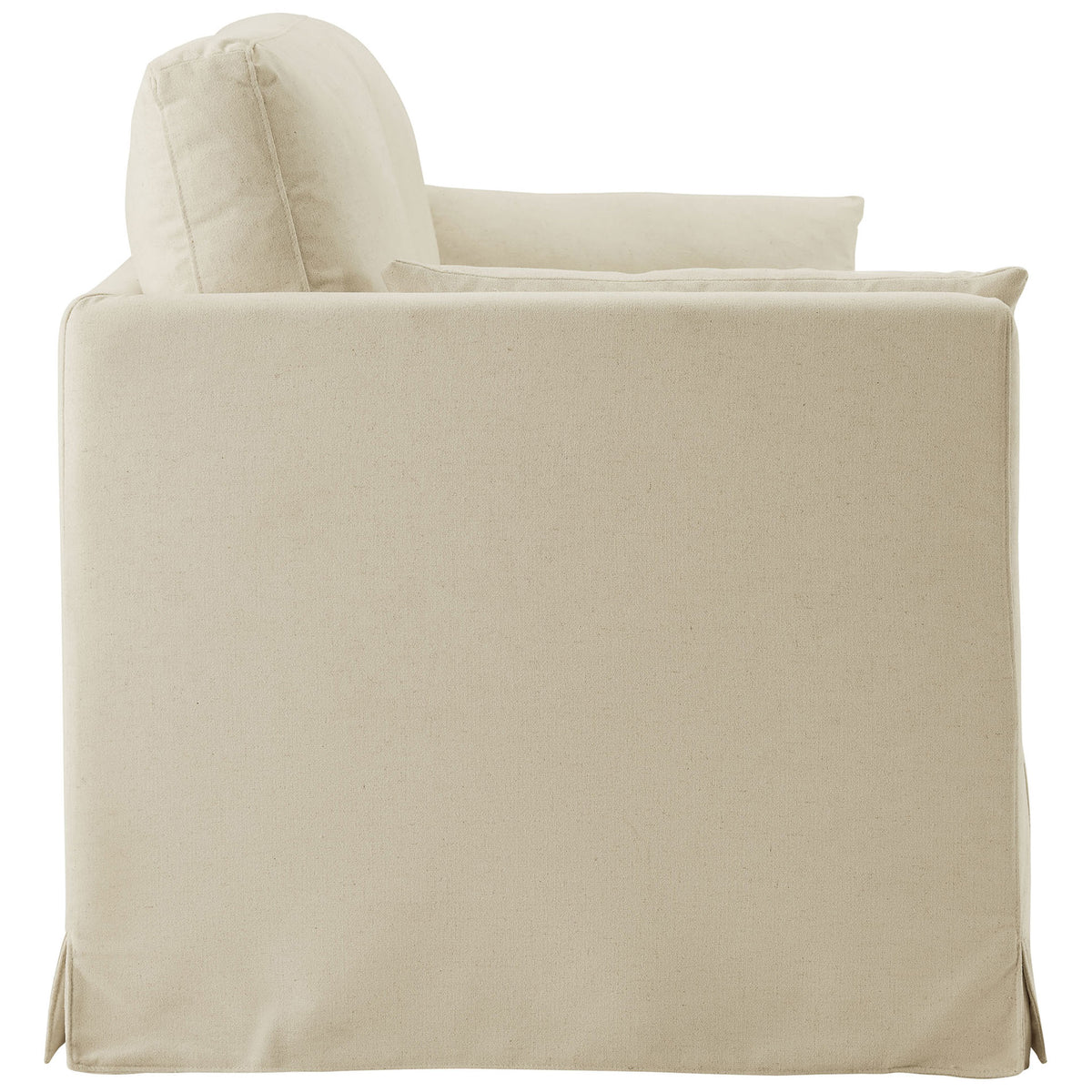 Linen slipcovered sofa with streamlined side silhouette and relaxed, full-length skirted base || EEI-7260-LIN || side_studio