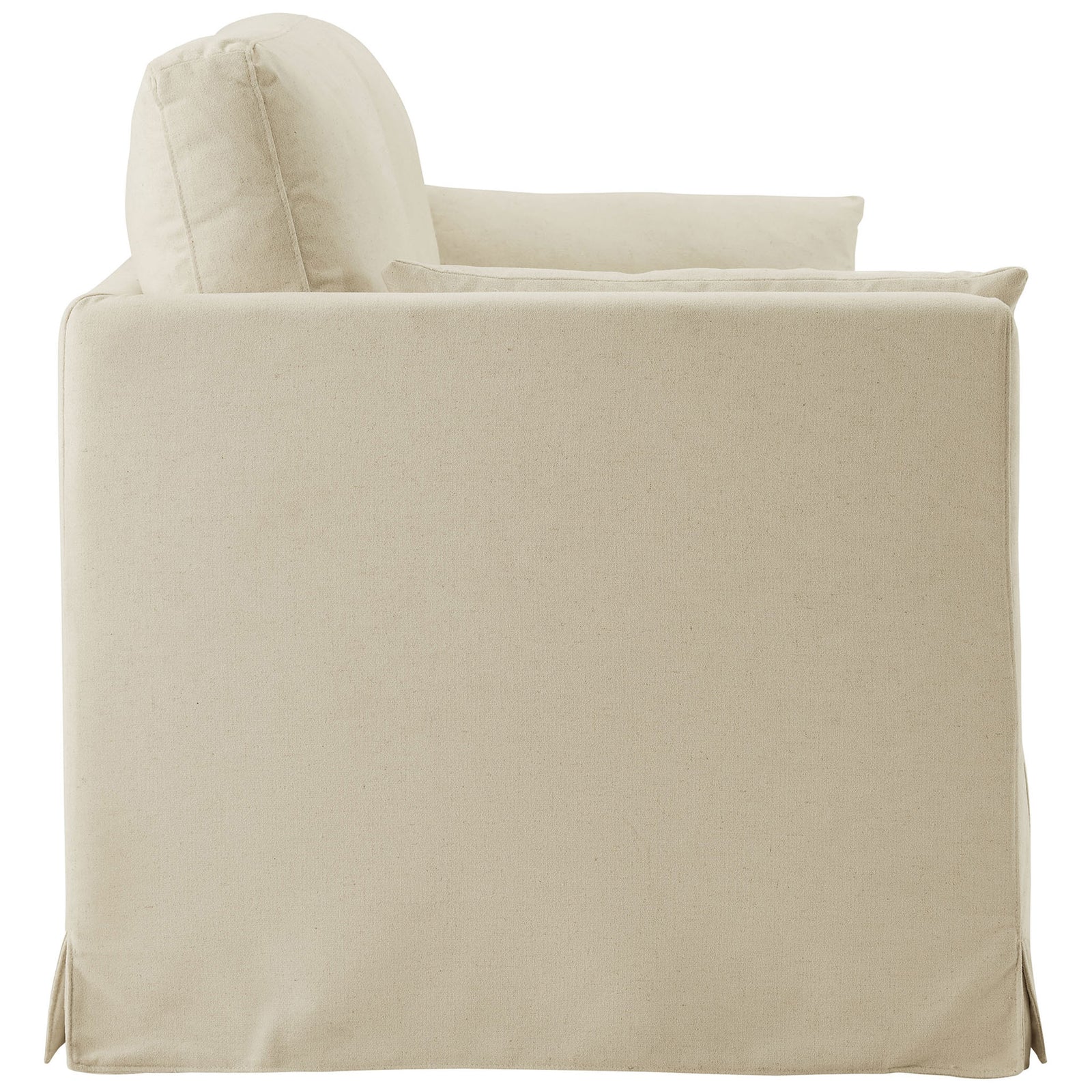 Linen slipcovered sofa with streamlined side silhouette and relaxed, full-length skirted base || EEI-7260-LIN || side_studio