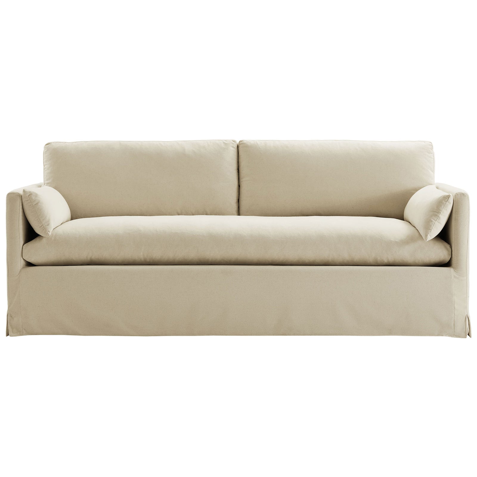 Tailored linen slipcovered sofa with deep bench seat, plush back cushions, and bolster pillows || EEI-7260-LIN || front_studio