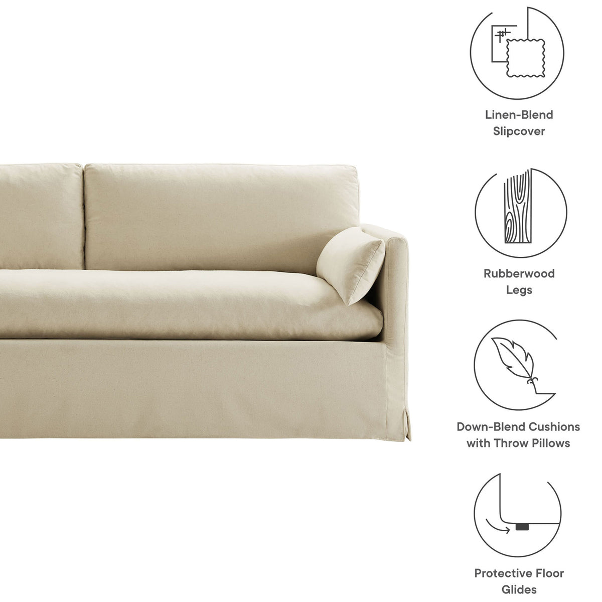 Linen slipcovered sofa with icons highlighting down-blend cushions, rubberwood legs, and floor glides || EEI-7260-LIN || callout_studio