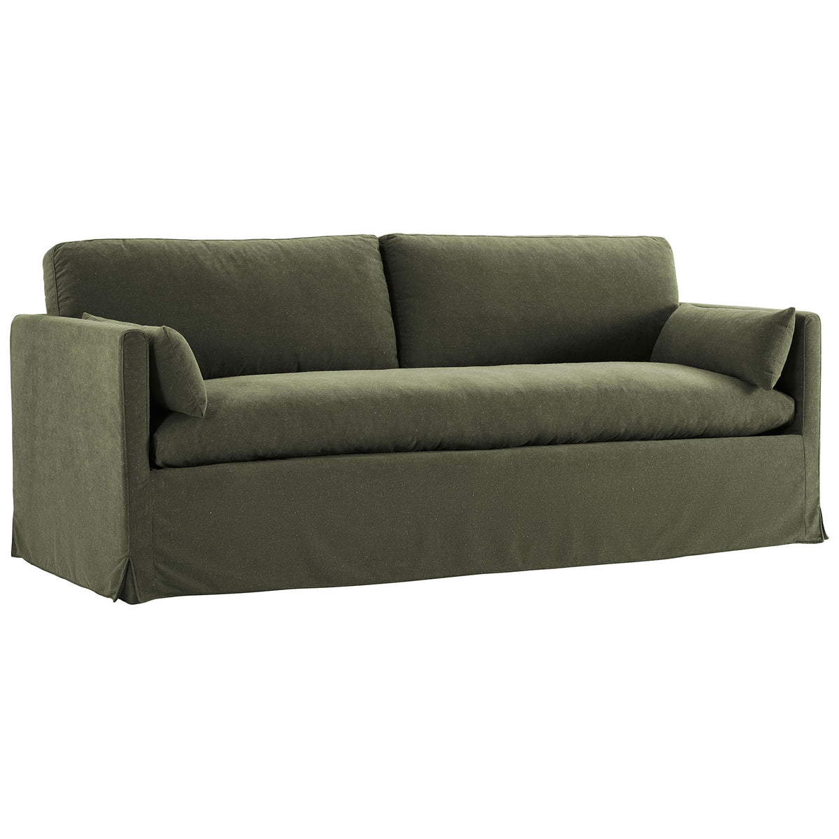 Sage green slipcovered sofa with plush bench seat and two matching bolster pillows || EEI-7260-SGE || front_angle_studio