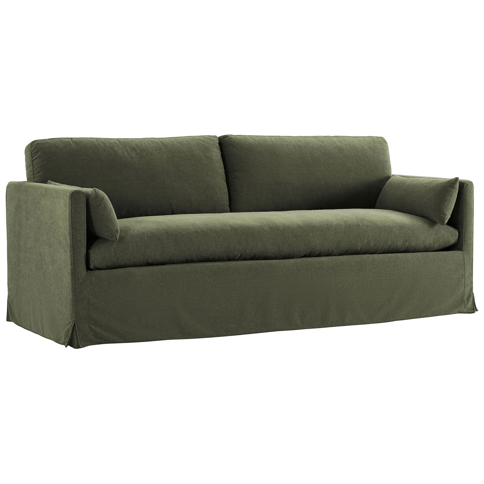 Sage green slipcovered sofa with plush bench seat and two matching bolster pillows || EEI-7260-SGE || front_angle_studio