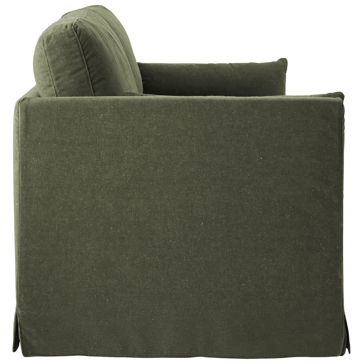 Sage green sofa with a smooth slipcovered side and slim track arm profile || EEI-7260-SGE || side_studio