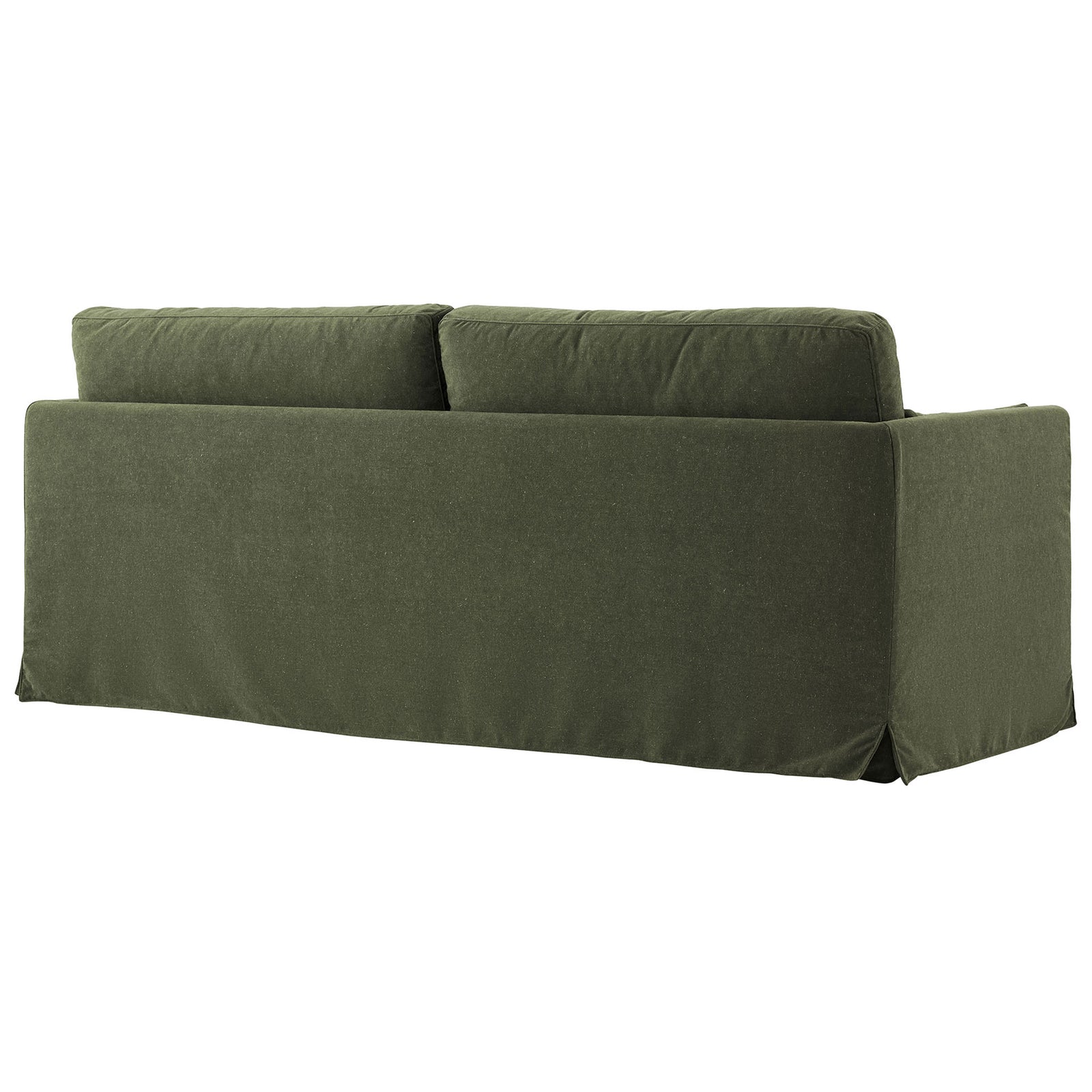 Sage green sofa featuring a full slipcovered back with neatly tailored seams || EEI-7260-SGE || back_angle_studio