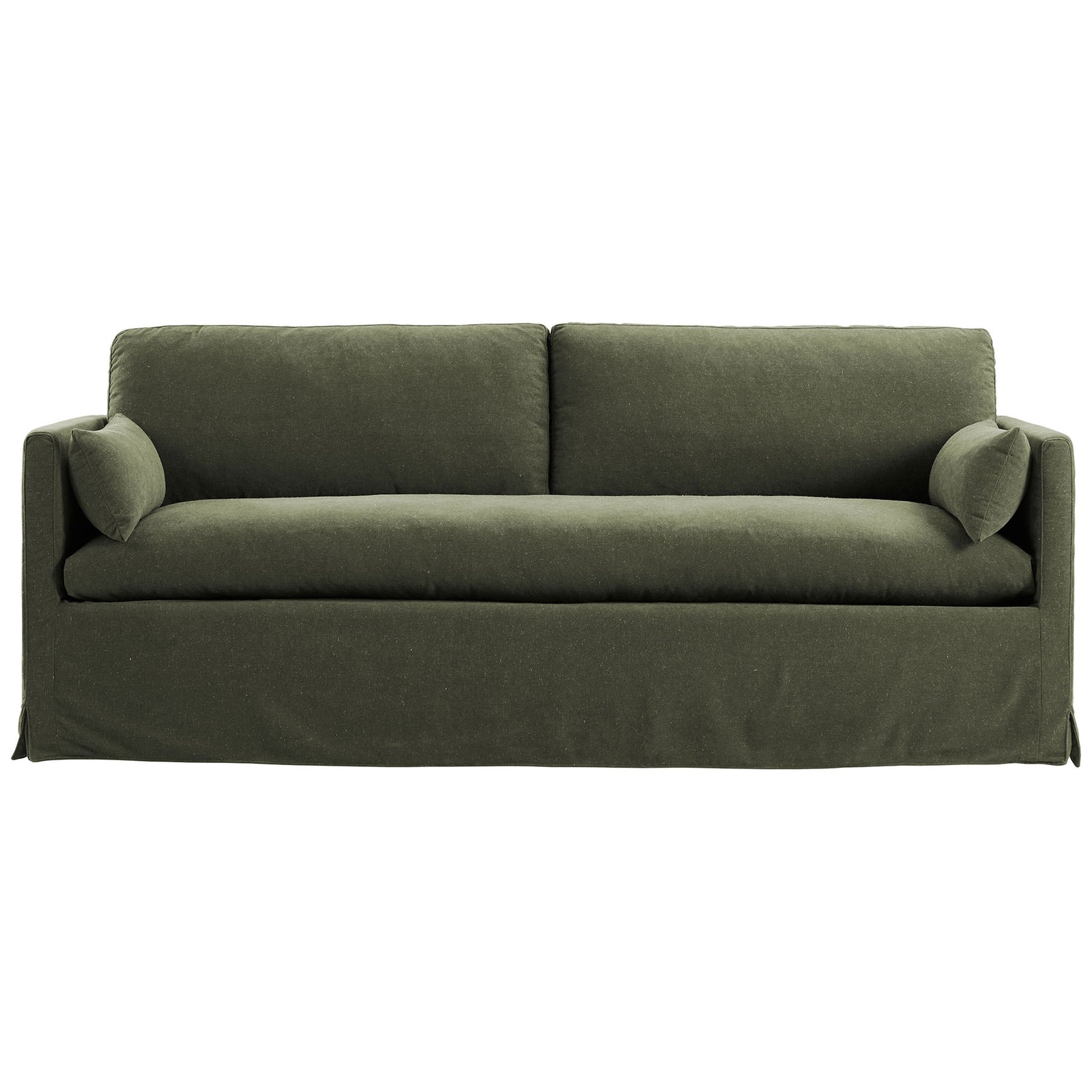 Sage green slipcovered sofa with deep cushioned bench seat and two rounded bolster pillows || EEI-7260-SGE || front_studio