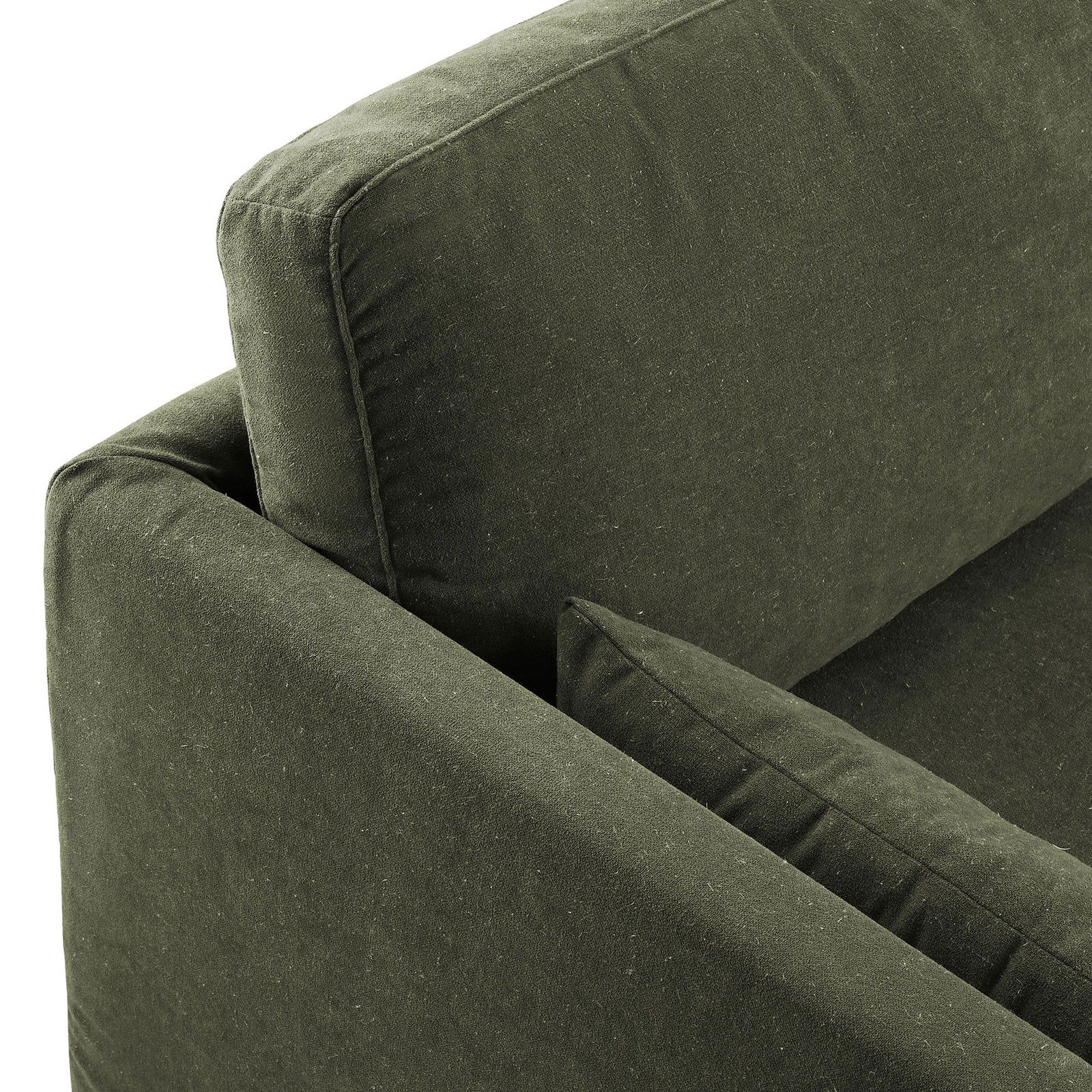 Sage green sofa highlighting the textured fabric, tailored seams, and plush back cushion || EEI-7260-SGE || detail_studio
