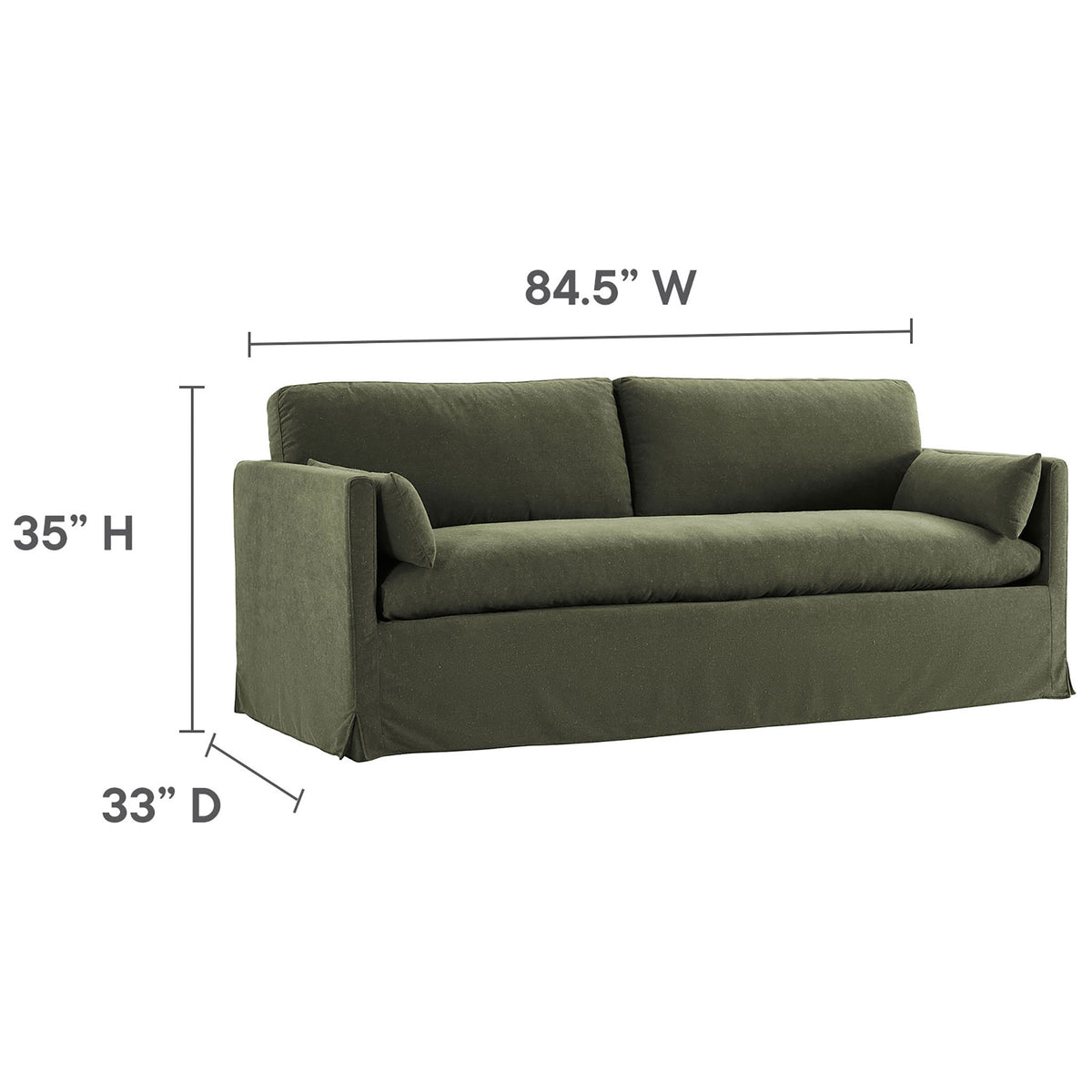Sage green slipcovered sofa with labeled width, depth, and height dimensions for simple space planning || EEI-7260-SGE || dimension_studio