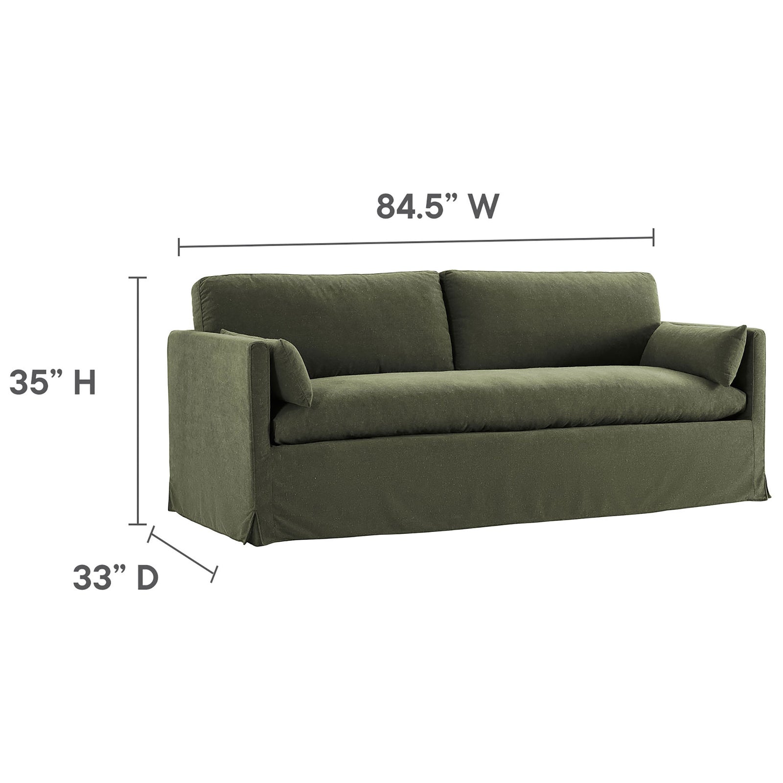 Sage green slipcovered sofa with labeled width, depth, and height dimensions for simple space planning || EEI-7260-SGE || dimension_studio
