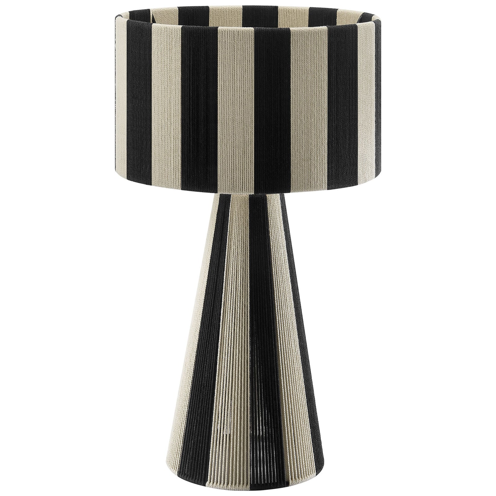 Black and cream striped table lamp with handwoven cotton thread shade and tapered base. || EEI-7261-BLK || front_studio