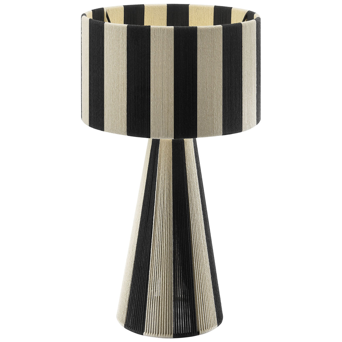 Modern black and cream striped lamp adds graphic contrast with its flared pedestal silhouette. || EEI-7261-BLK || front_on_studio