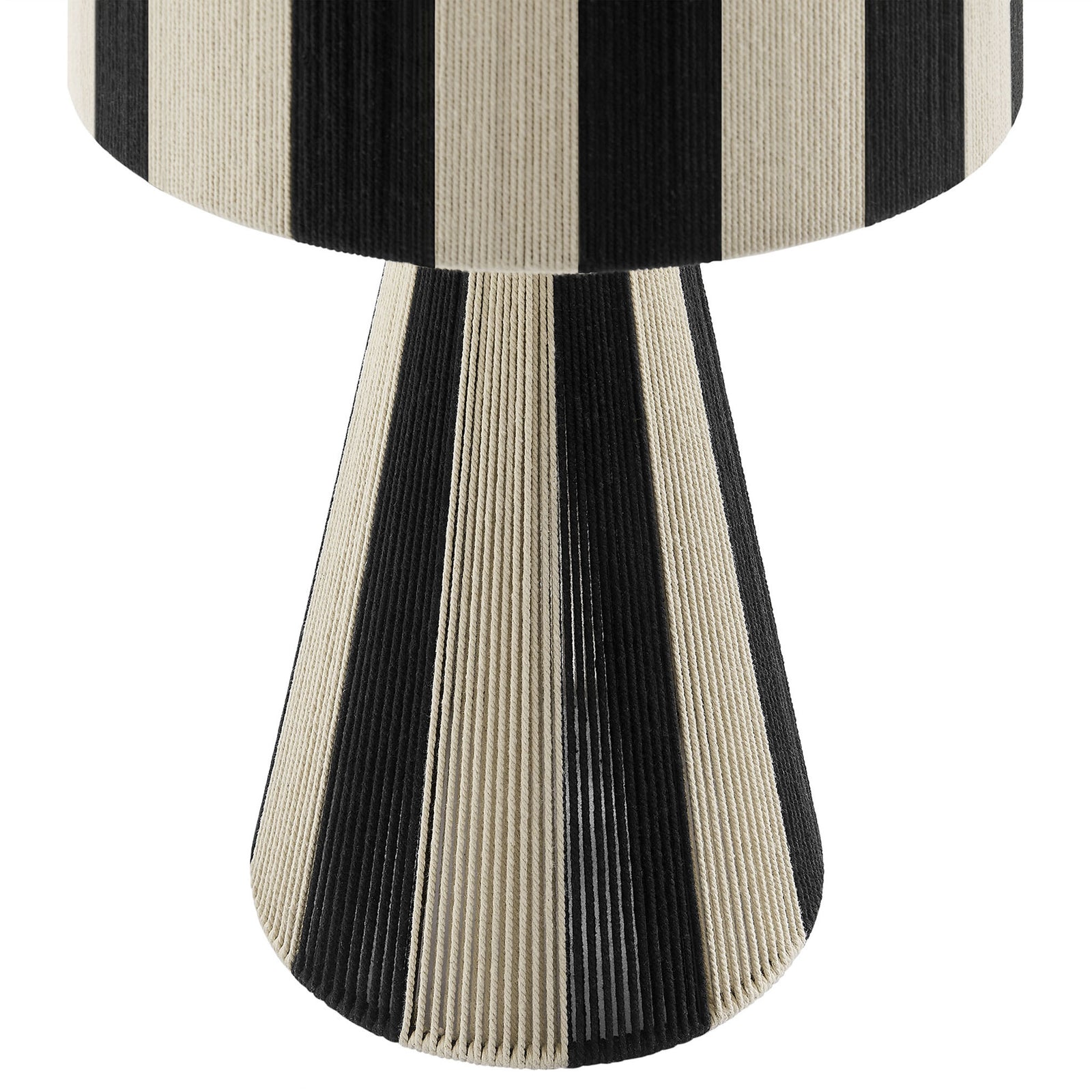 Tapered base wrapped in black and cream cotton thread shows the lamp's textured striped pattern. || EEI-7261-BLK || leg_studio