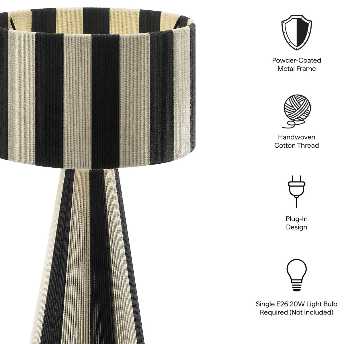 Feature graphic highlights the Renae lamp's powder-coated frame and handwoven cotton thread design. || EEI-7261-BLK || callout_studio