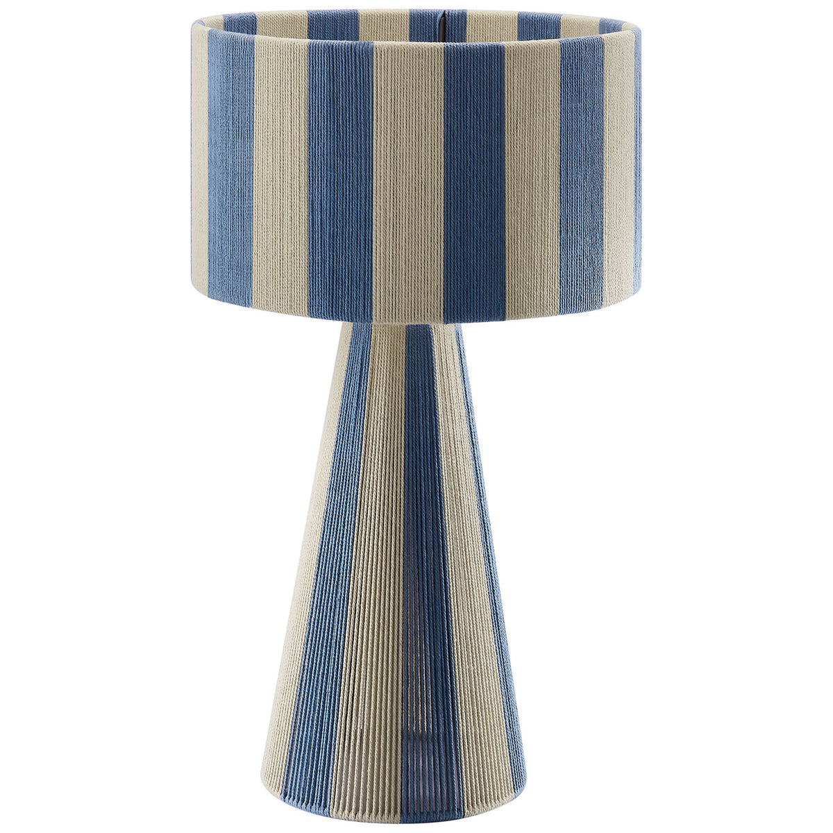 Capri blue and cream striped table lamp with handwoven cotton shade and tapered base. || EEI-7261-CBL || front_studio