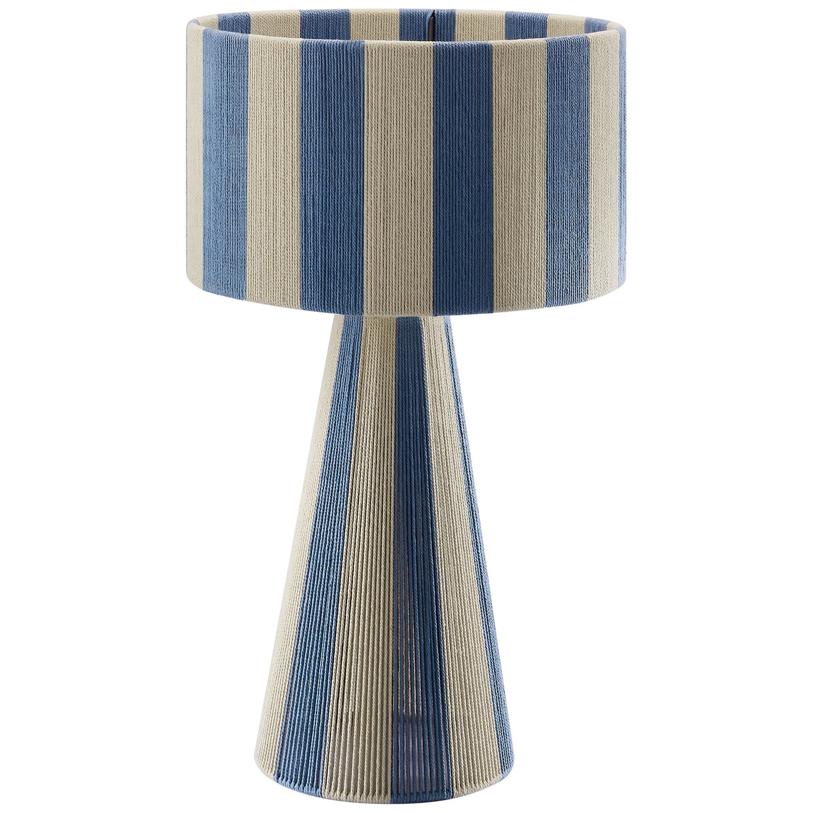 Capri blue and cream striped table lamp with handwoven cotton shade and tapered base. || EEI-7261-CBL || front_studio
