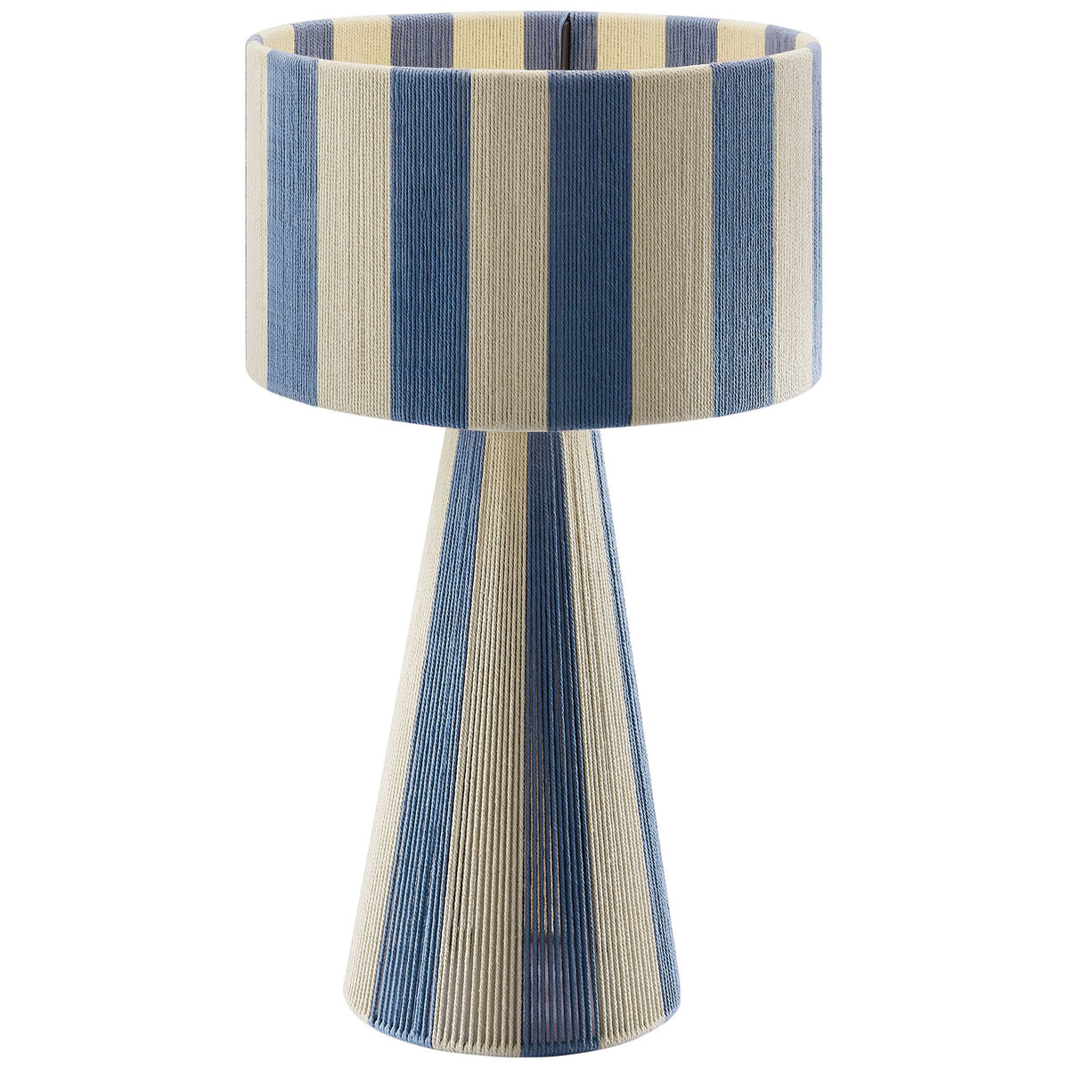 Bold capri blue stripes lend fresh coastal energy to this modern Renae table lamp. || EEI-7261-CBL || front_on_studio