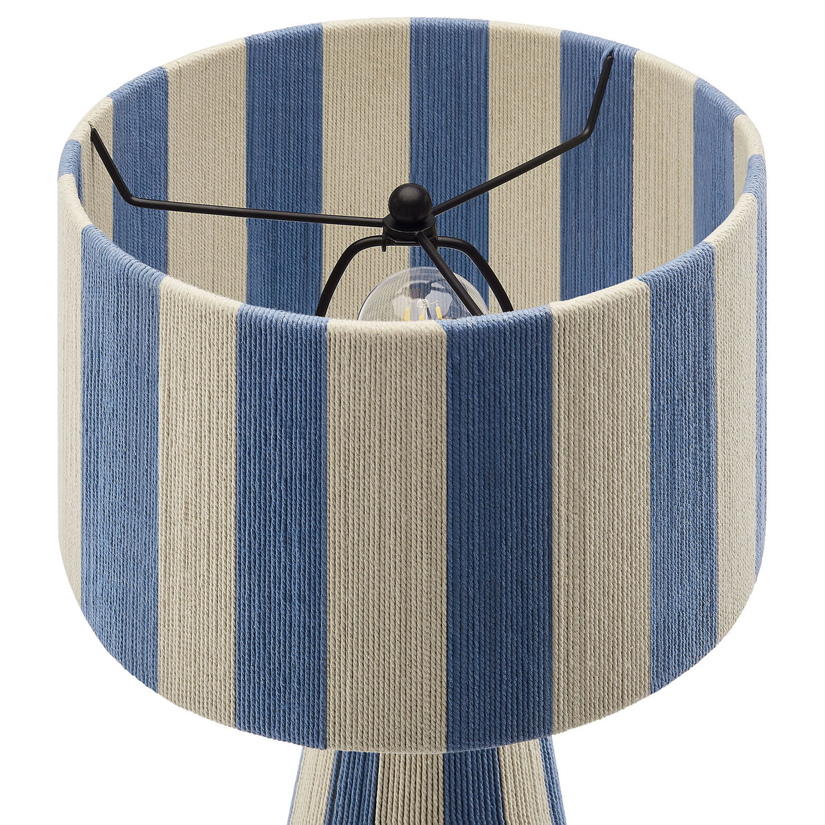 Striped cotton drum shade in capri blue and cream showcases the lamp's graphic pattern. || EEI-7261-CBL || shade_studio