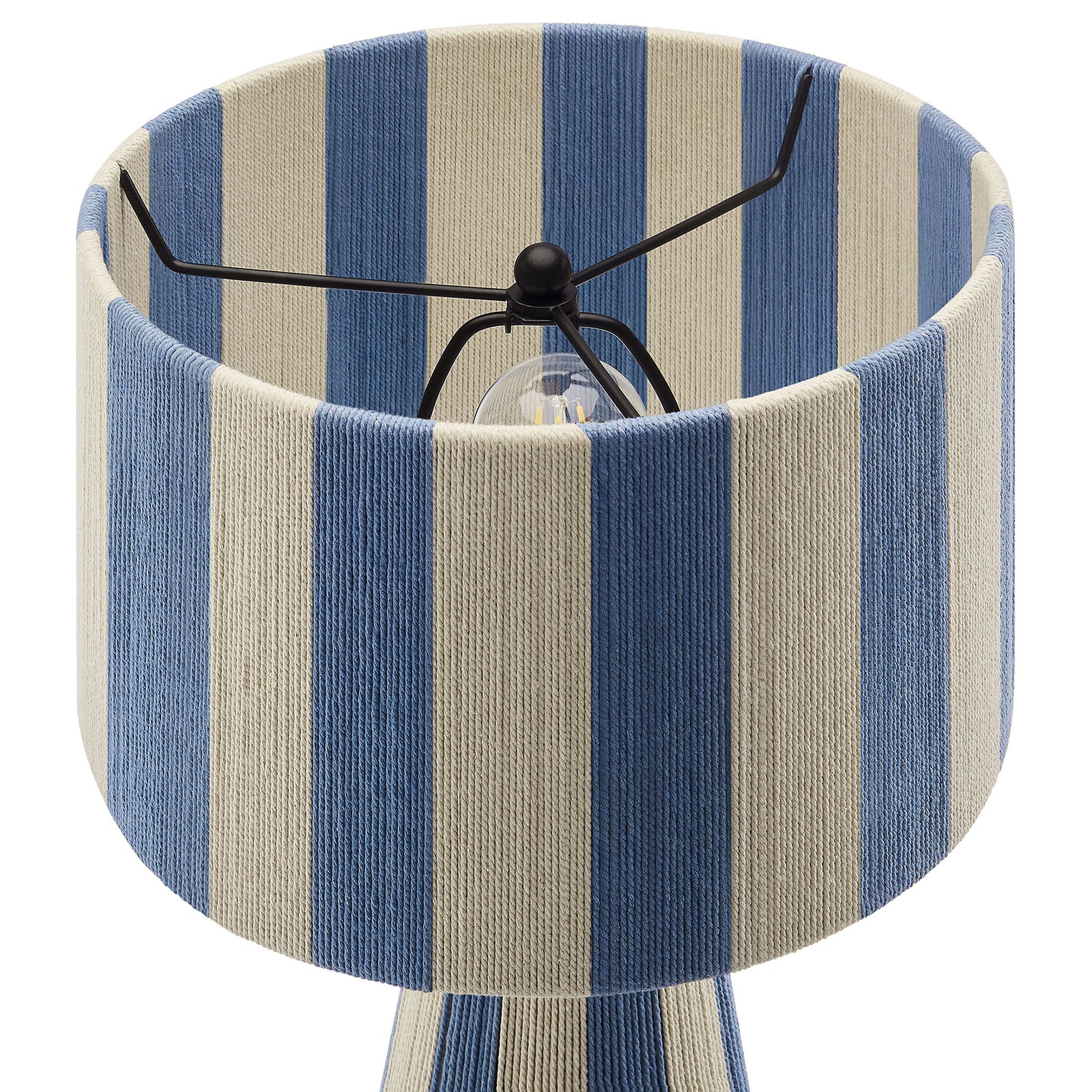 Striped cotton drum shade in capri blue and cream showcases the lamp's graphic pattern. || EEI-7261-CBL || shade_studio