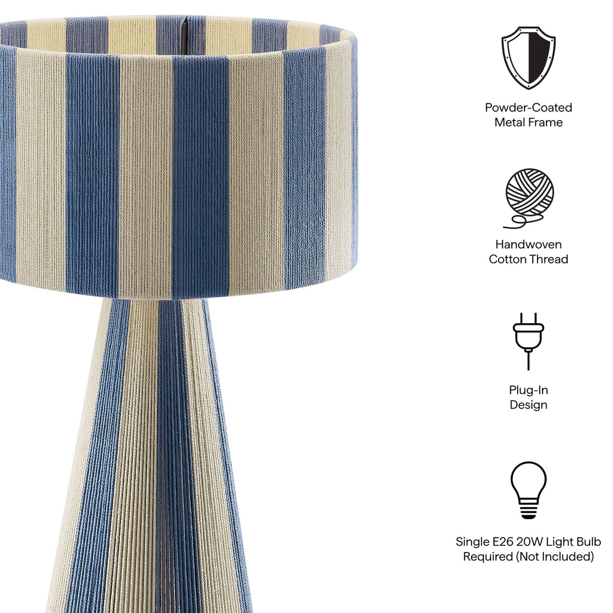 Feature icons outline the Renae lamp's powder-coated metal frame and handwoven cotton thread. || EEI-7261-CBL || callout_studio