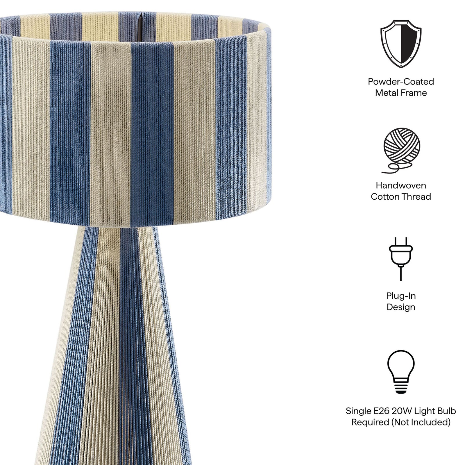 Feature icons outline the Renae lamp's powder-coated metal frame and handwoven cotton thread. || EEI-7261-CBL || callout_studio