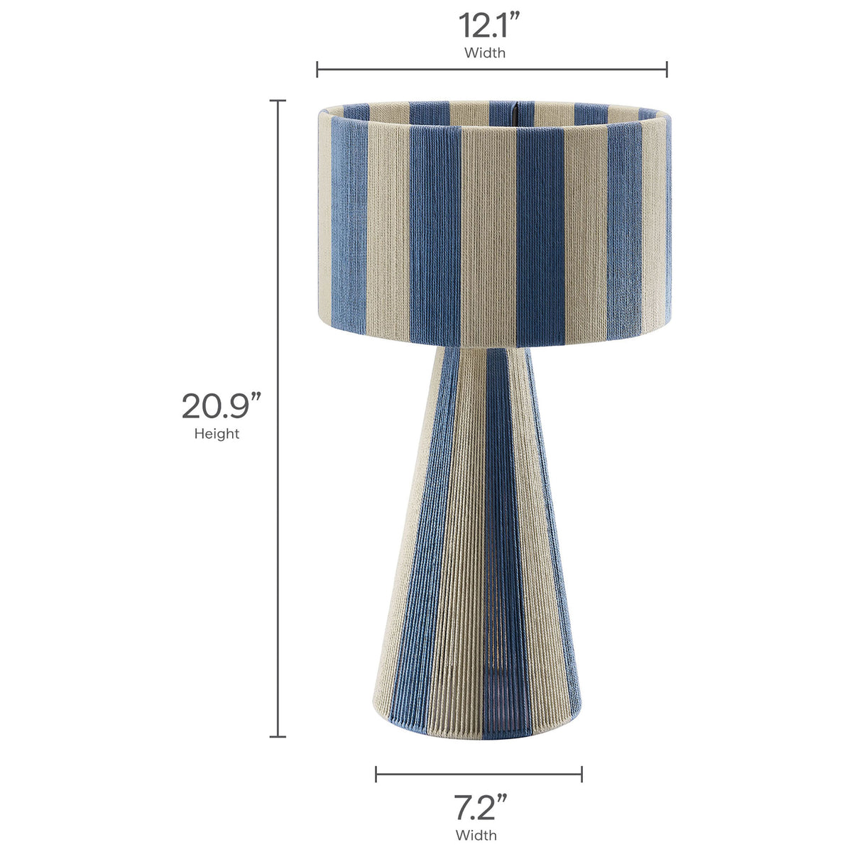 Dimension graphic lists the Renae capri blue table lamp's height and shade and base widths. || EEI-7261-CBL || dimension_studio