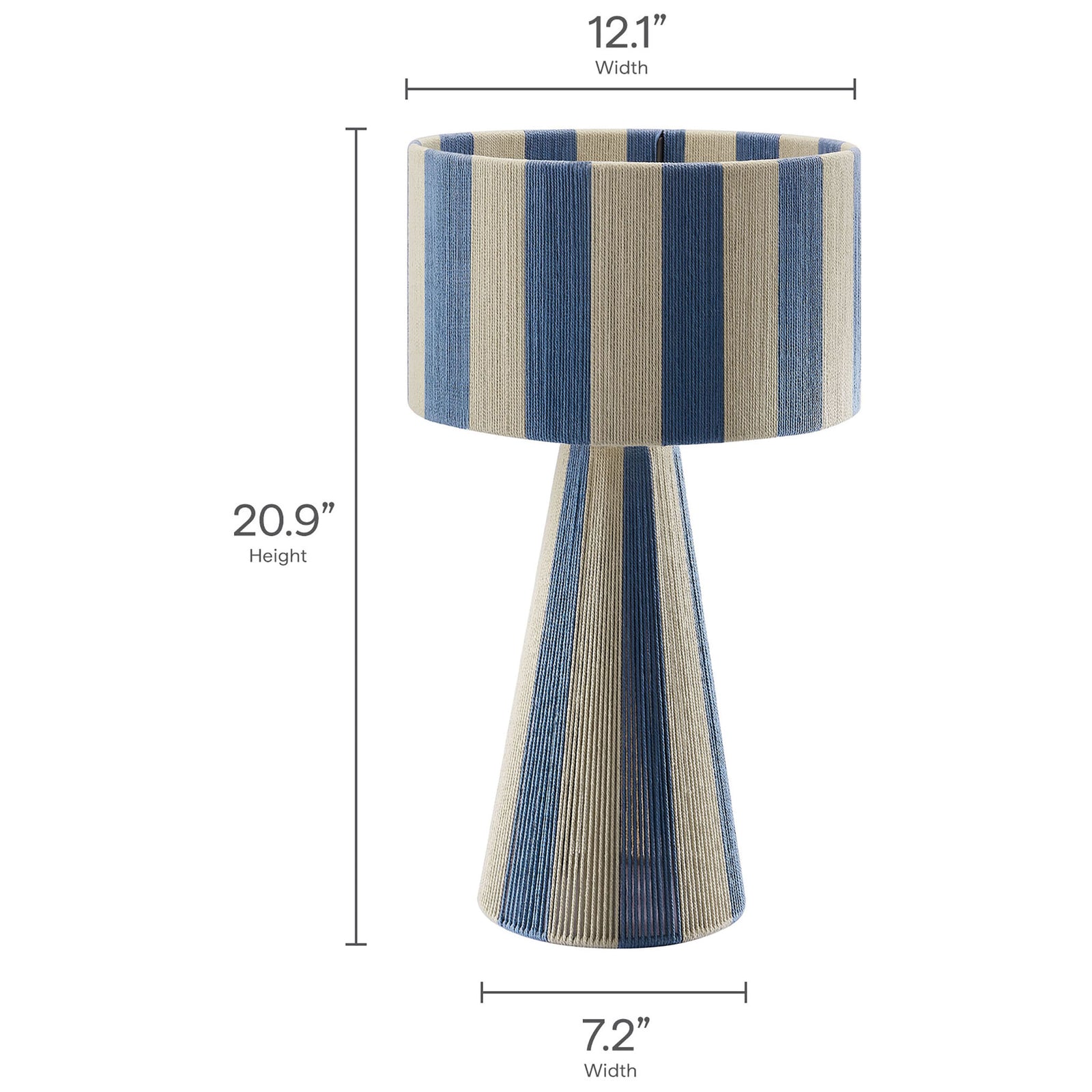 Dimension graphic lists the Renae capri blue table lamp's height and shade and base widths. || EEI-7261-CBL || dimension_studio