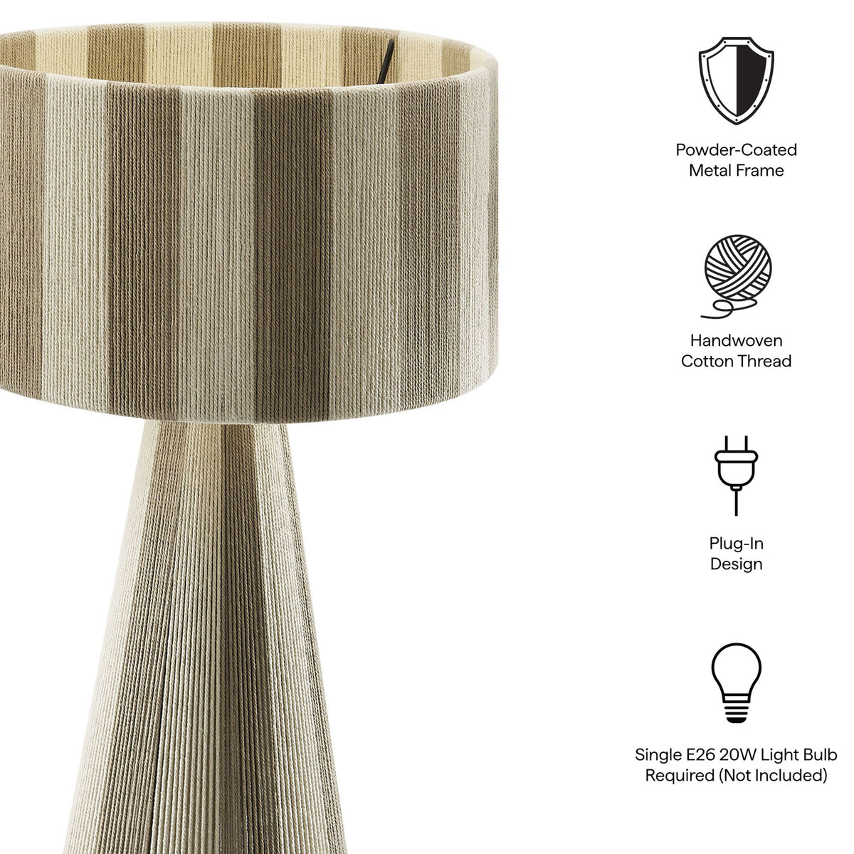 Feature callouts show the Renae lamp's powder-coated frame and handwoven cotton thread body. || EEI-7261-COB || callout_studio