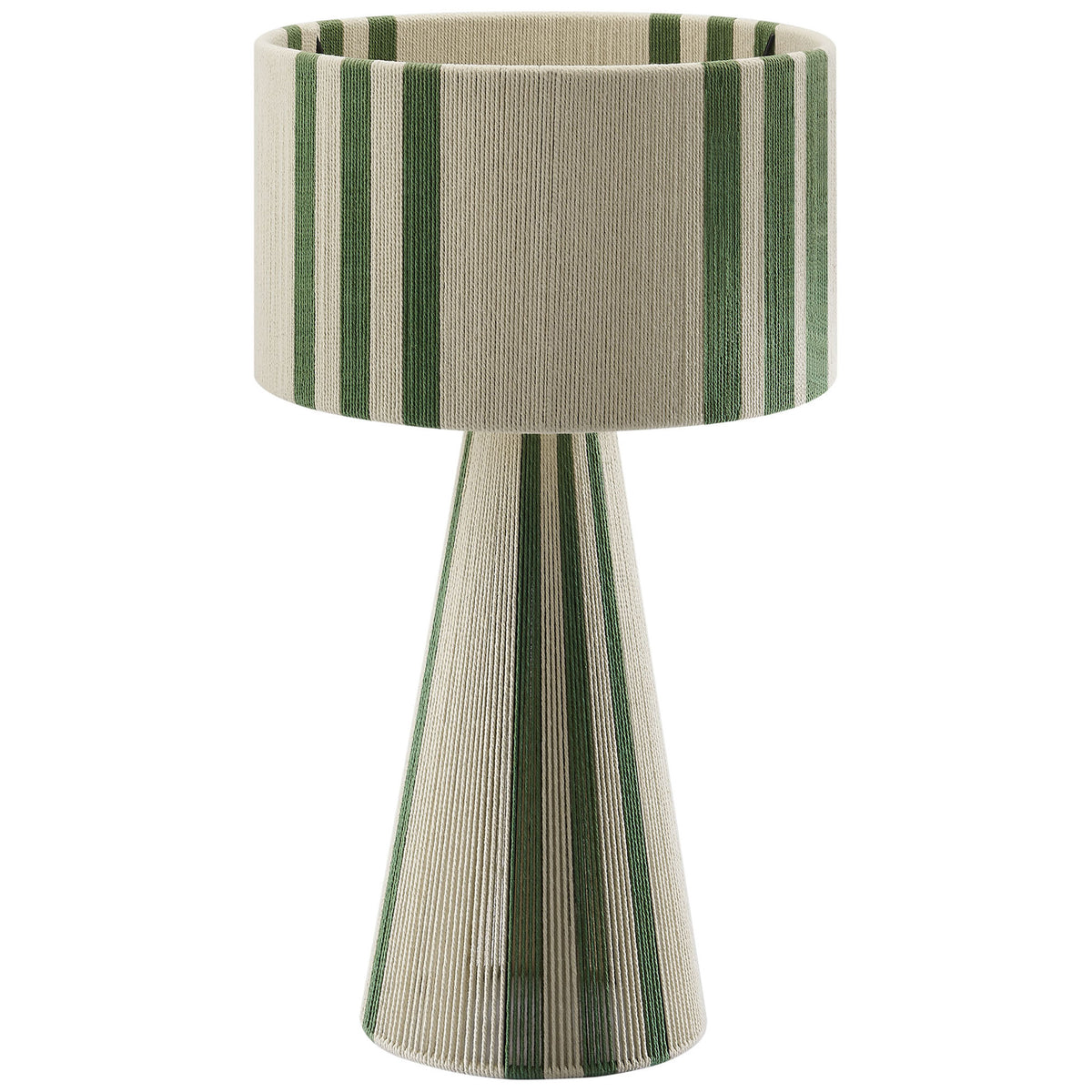 Basil green striped cotton thread table lamp with cone base and drum shade. || EEI-7262-BAS || front_studio