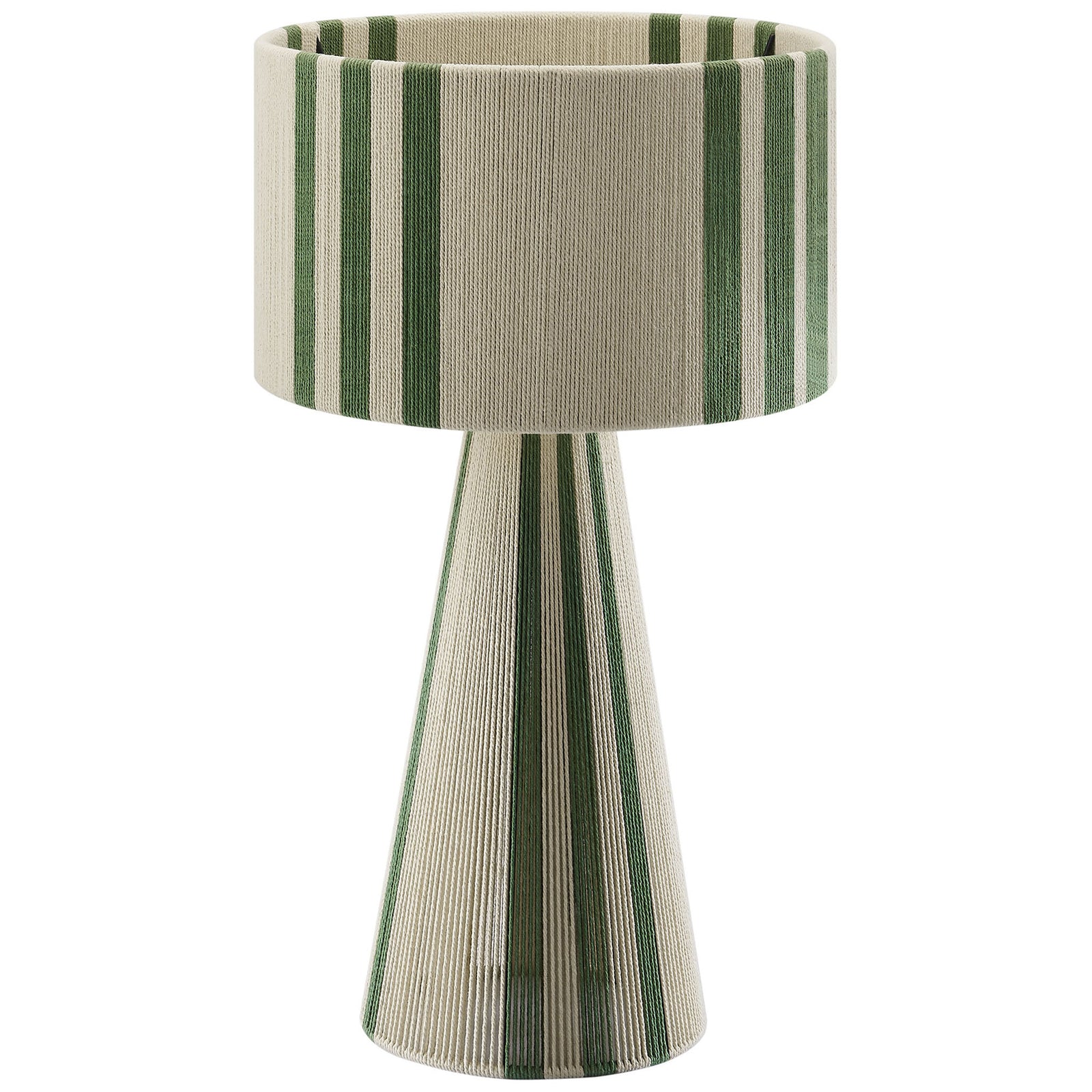 Basil green striped cotton thread table lamp with cone base and drum shade. || EEI-7262-BAS || front_studio
